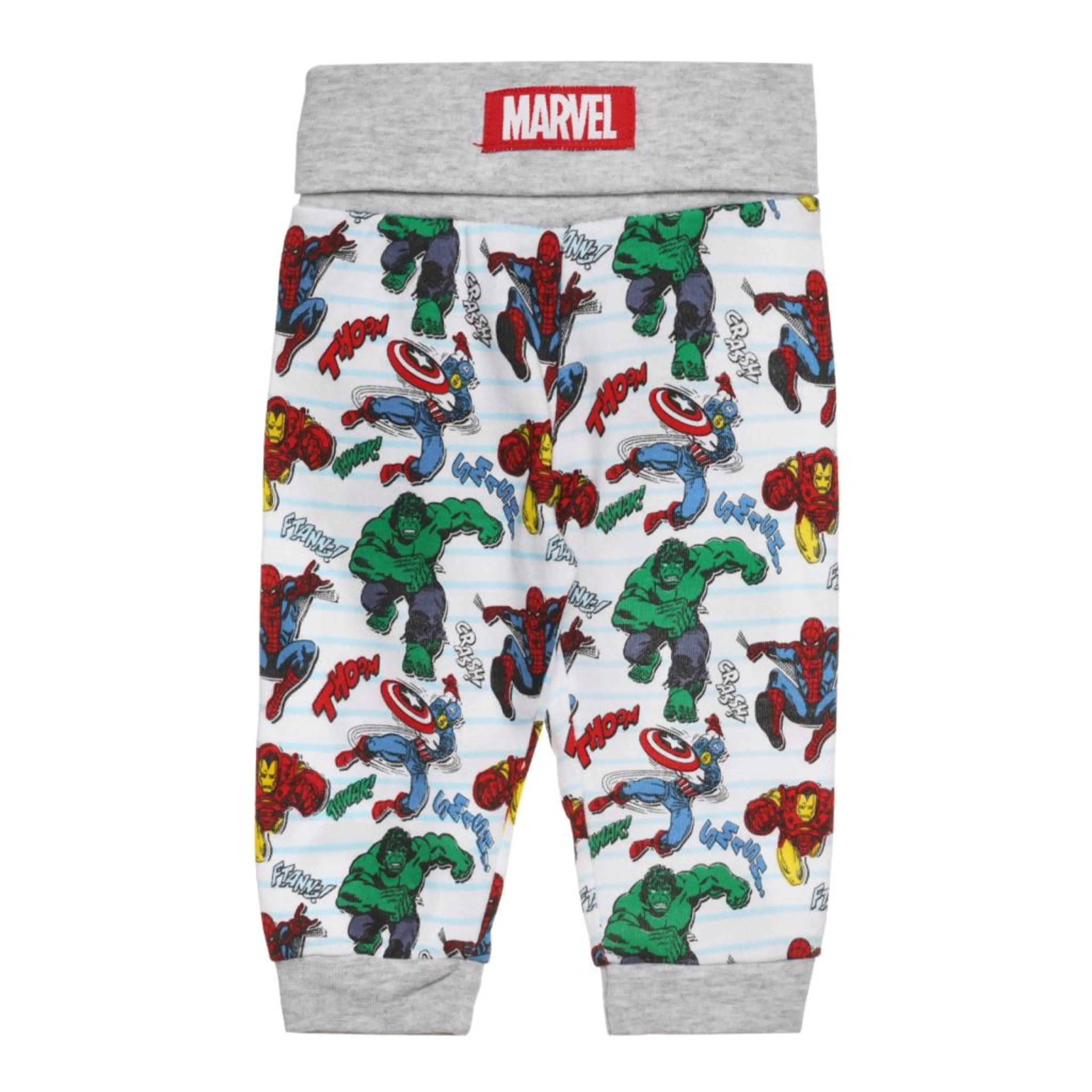 Памучен панталон за бебе с принт на Marvel, сив